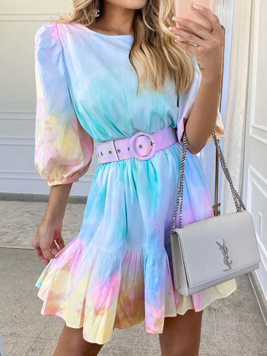 Bohemian Rainbow Square Neck Ruffle Printed Dress