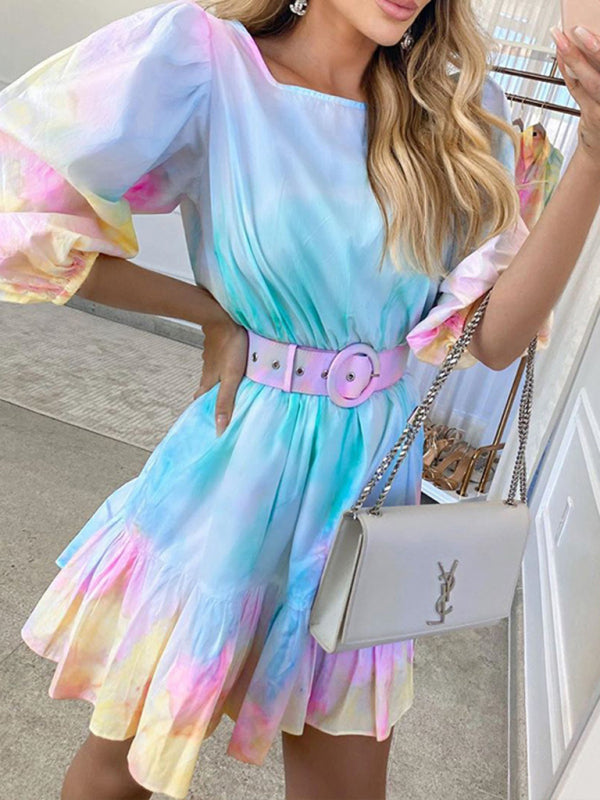 Bohemian Rainbow Square Neck Ruffle Printed Dress