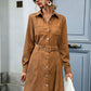 Boho Camel Shirt Style Long Sleeve Western Corduroy Dress