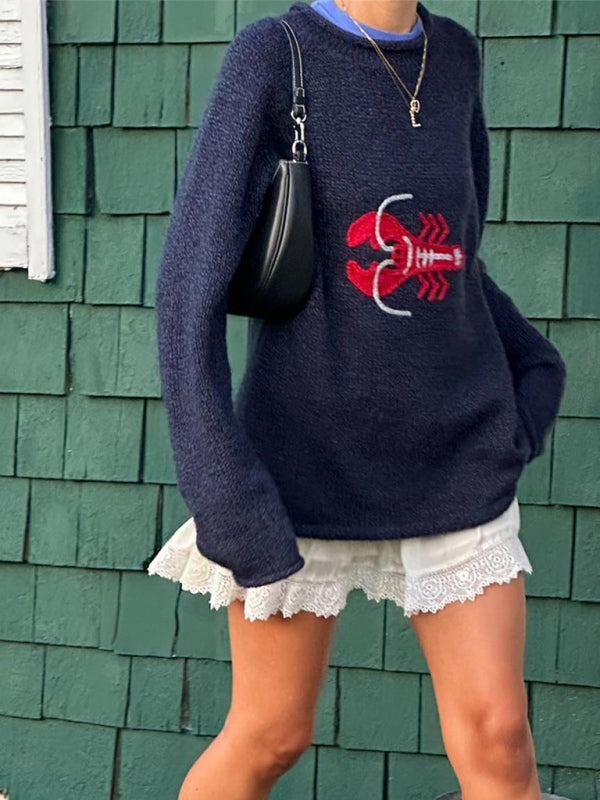 Boho Nautical Womens Lobster Embroidered Pullover Sweater