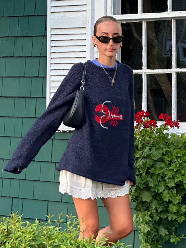 Boho Nautical Womens Lobster Embroidered Pullover Sweater