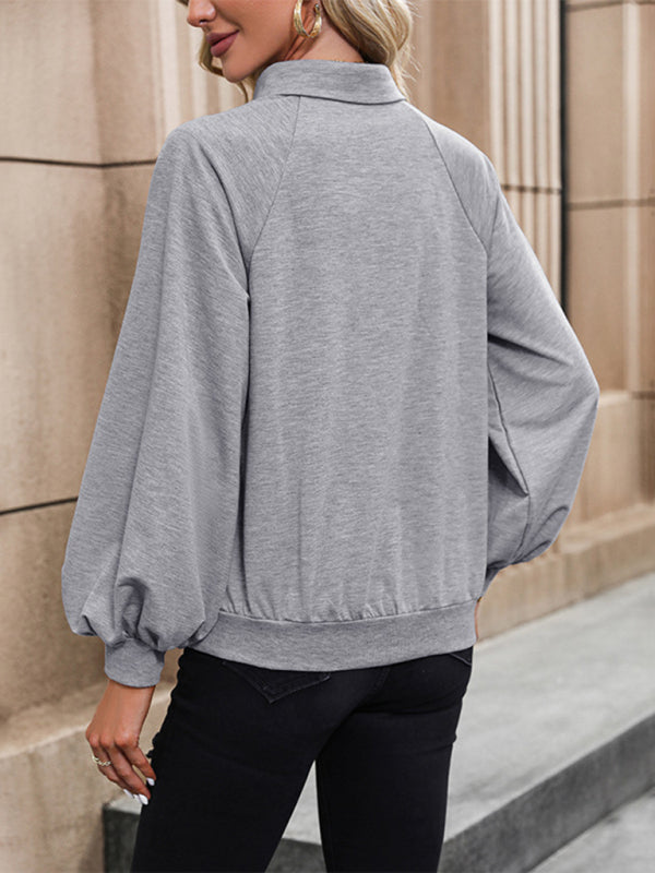 Bohemian Misty Grey Collared Lantern Sleeve Kangaroo Pocket Sweatshirt