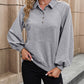 Bohemian Misty Grey Collared Lantern Sleeve Kangaroo Pocket Sweatshirt