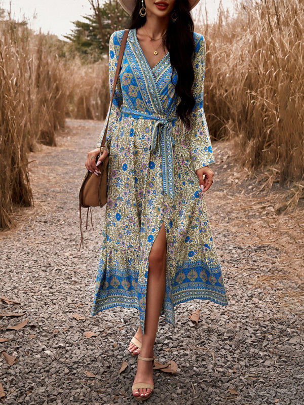 Bohemian Paisley Printed Fall Wrap Midi Dress