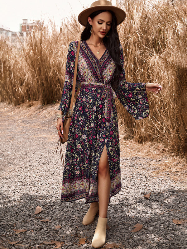 Bohemian Paisley Printed Fall Wrap Midi Dress