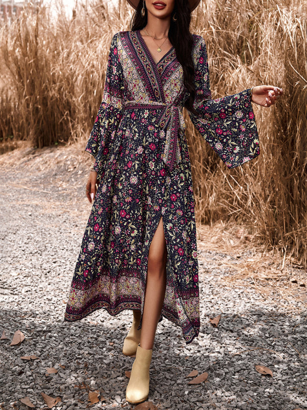 Bohemian Paisley Printed Fall Wrap Midi Dress