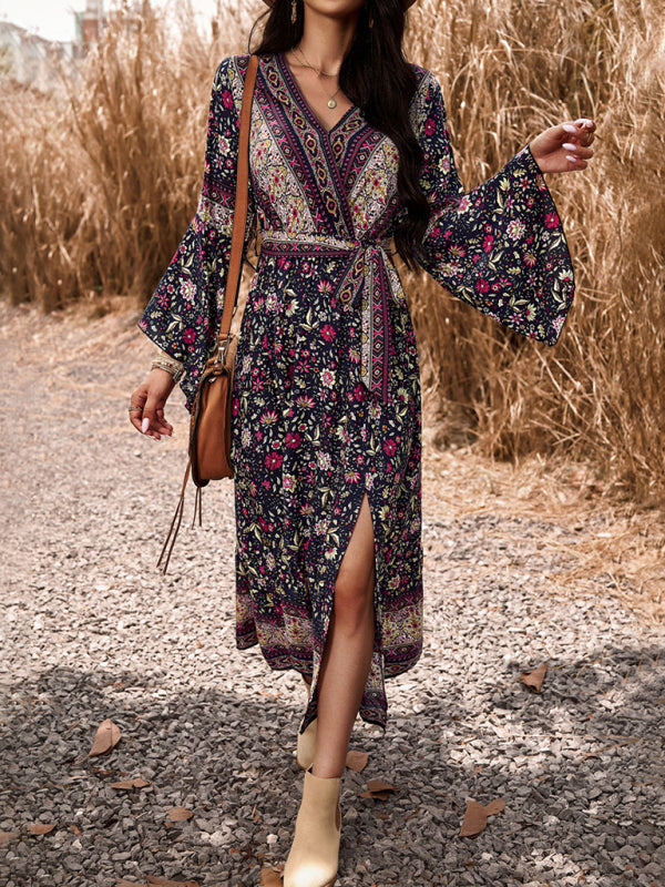 Bohemian Paisley Printed Fall Wrap Midi Dress