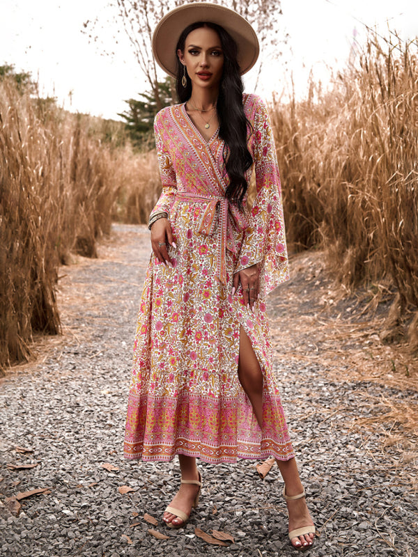 Bohemian Paisley Printed Fall Wrap Midi Dress