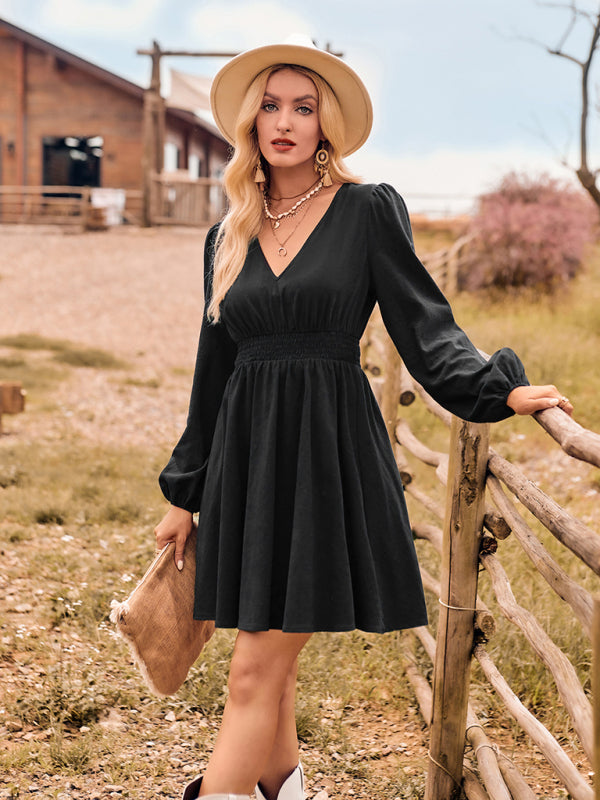 Bohemian Country Fall High Waist Long Sleeve V-Neck Dess
