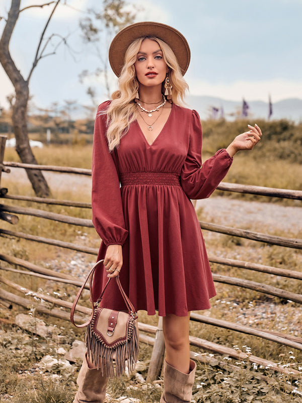 Bohemian Country Fall High Waist Long Sleeve V-Neck Dess