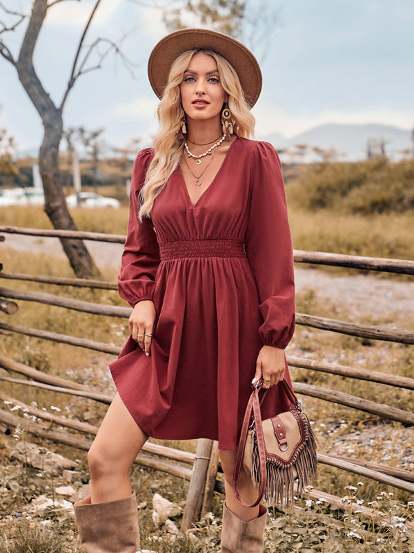 Bohemian Country Fall High Waist Long Sleeve V-Neck Dress