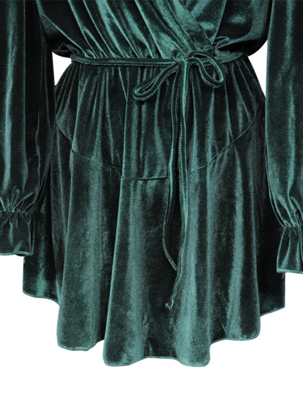Bohemian Holiday Long Sleeve Surplice Wrap Velvet Dress