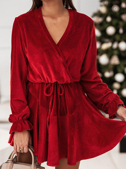 Bohemian Holiday Long Sleeve Surplice Wrap Velvet Dress