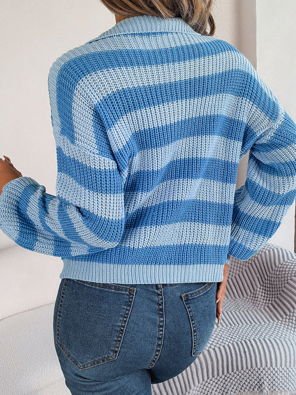 Bohemian Stripe Lapel Collar Knit Pullover Sweater