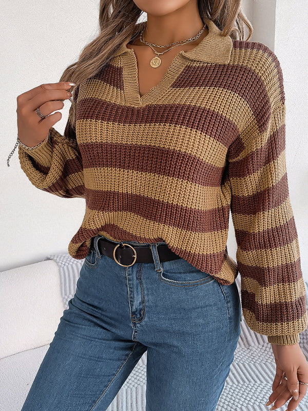 Bohemian Stripe Lapel Collar Knit Pullover Sweater