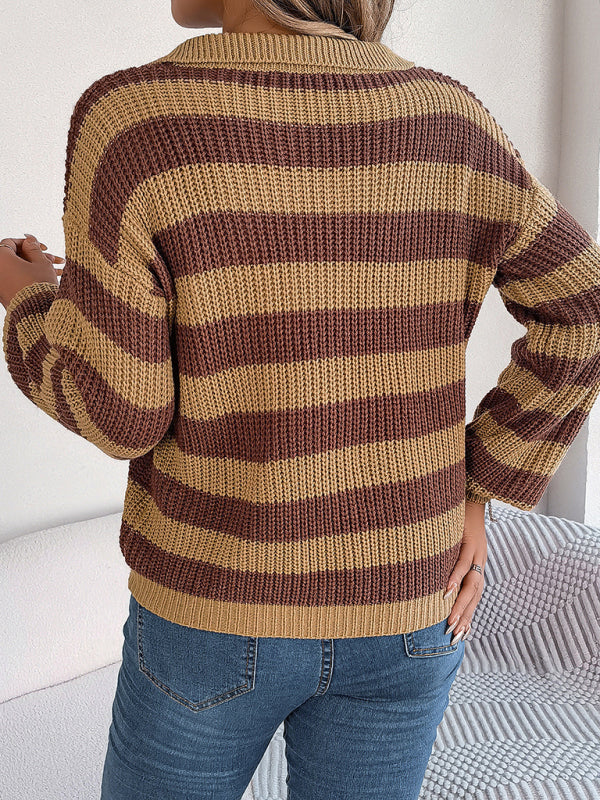 Bohemian Stripe Lapel Collar Knit Pullover Sweater