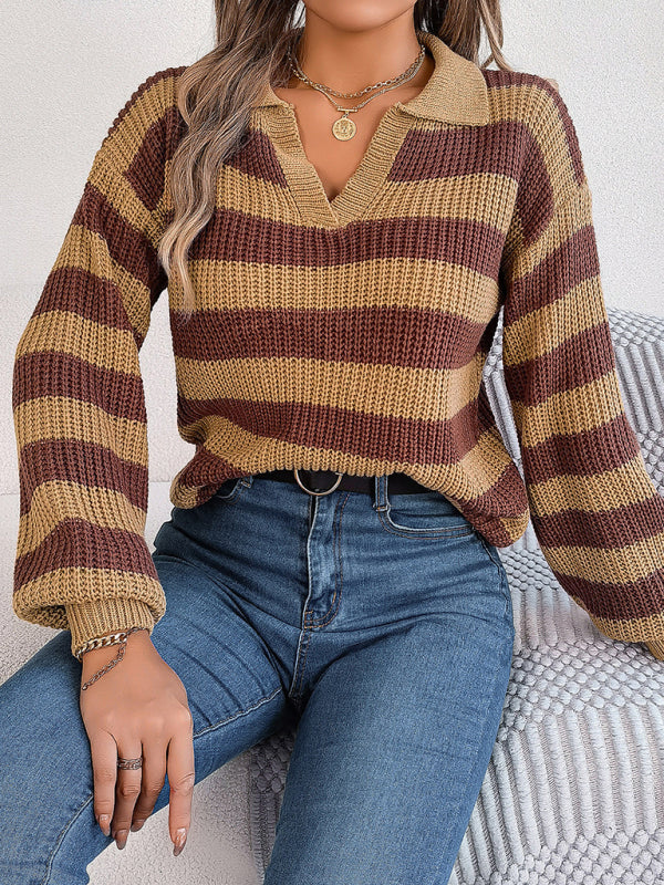 Bohemian Stripe Lapel Collar Knit Pullover Sweater