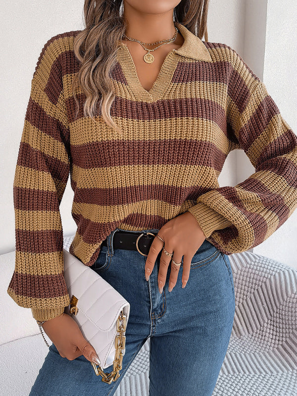 Bohemian Stripe Lapel Collar Knit Pullover Sweater