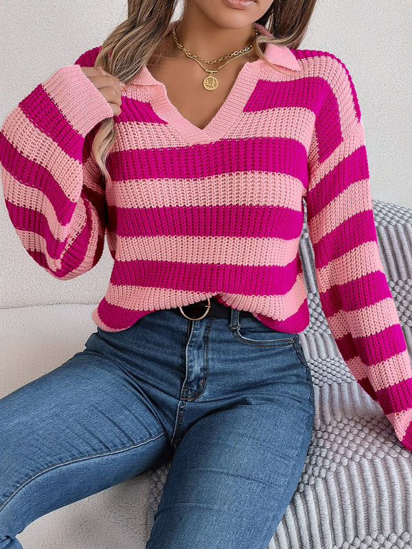 Bohemian Stripe Lapel Collar Knit Pullover Sweater