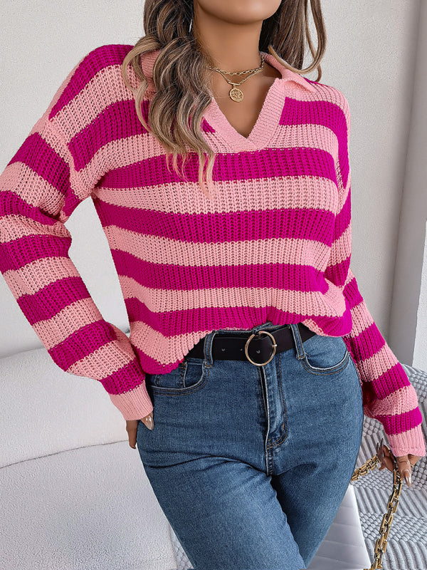 Bohemian Stripe Lapel Collar Knit Pullover Sweater