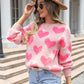 Bohemian Pink Big Heart Round Neck Pullover Sweater