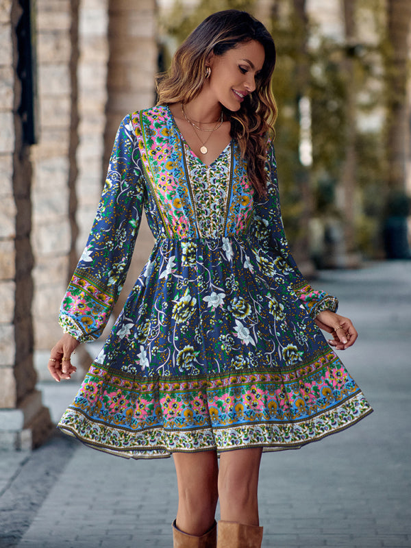 Bohemian Floral Paisley Women's Country V-Neck Long-Sleeve Mini Dress
