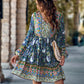 Bohemian Floral Paisley Women's Country V-Neck Long-Sleeve Mini Dress