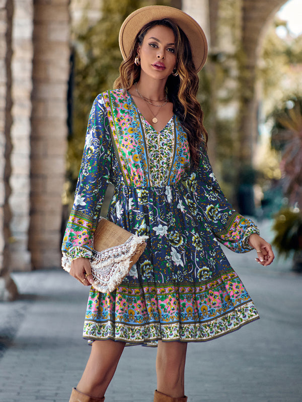Bohemian Floral Paisley Women's Country V-Neck Long-Sleeve Mini Dress