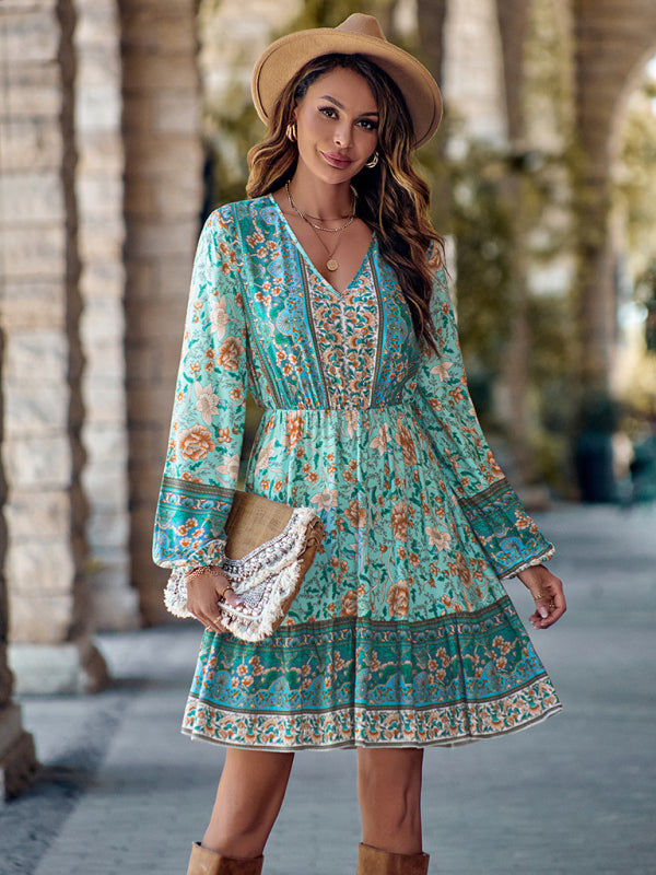 Bohemian Floral Paisley Women's Country V-Neck Long-Sleeve Mini Dress