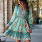 Bohemian Floral Paisley Women's Country V-Neck Long-Sleeve Mini Dress