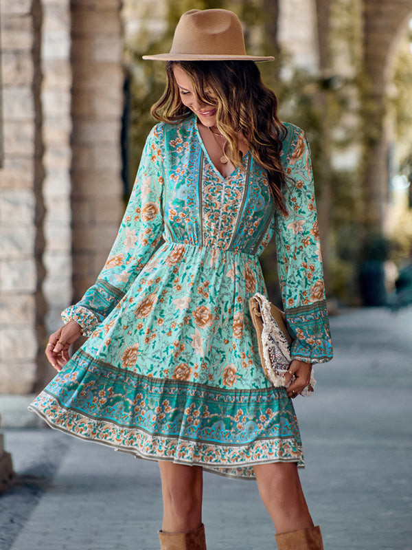 Bohemian Floral Paisley Women's Country V-Neck Long-Sleeve Mini Dress