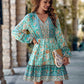 Bohemian Floral Paisley Women's Country V-Neck Long-Sleeve Mini Dress
