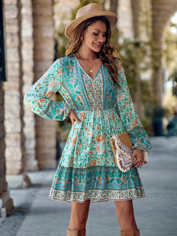 Bohemian Floral Paisley Women's Country V-Neck Long-Sleeve Mini Dress