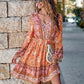 Bohemian Floral Paisley Women's Country V-Neck Long-Sleeve Mini Dress