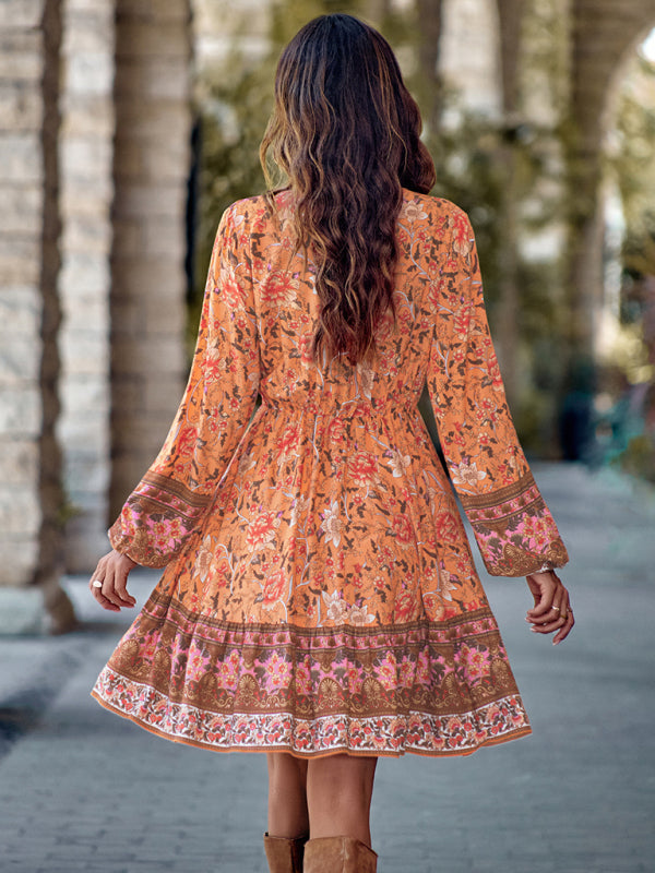 Bohemian Floral Paisley Women's Country V-Neck Long-Sleeve Mini Dress