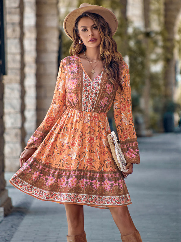 Bohemian Floral Paisley Women's Country V-Neck Long-Sleeve Mini Dress