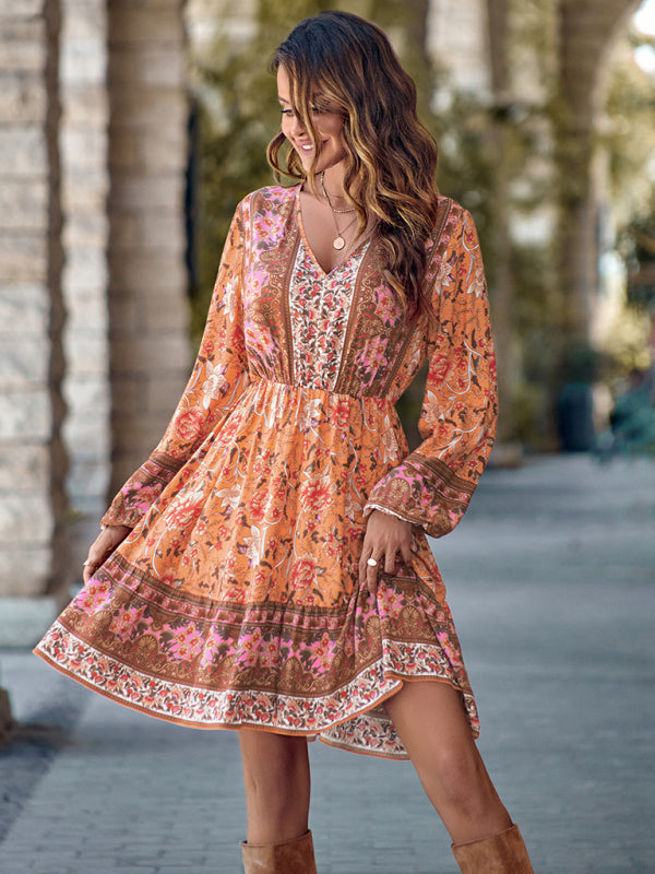 Bohemian Floral Paisley Women's Country V-Neck Long-Sleeve Mini Dress