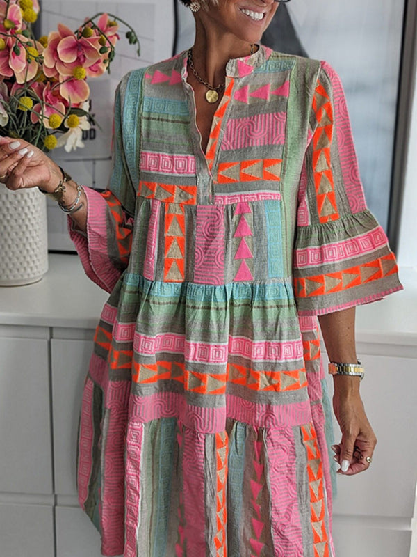 Bohemian Aztec Tribal 3/4 Sleeve Women's Knee Length Dress