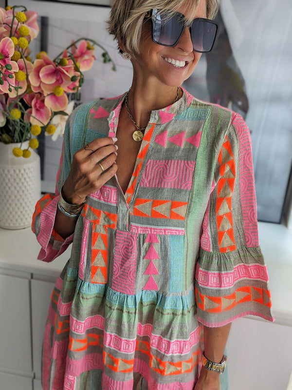 Bohemian Aztec Tribal 3/4 Sleeve Women's Knee Length Dress