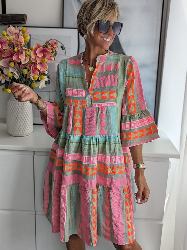 Bohemian Aztec Tribal 3/4 Sleeve Women's Knee Length Dress