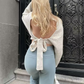 Bohemian Open Back Women's Mock Neck Lantern Sleeve Sweater
