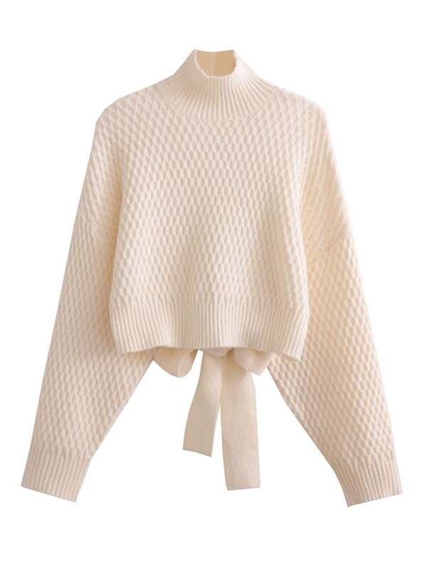 Bohemian Open Back Women's Mock Neck Lantern Sleeve Sweater