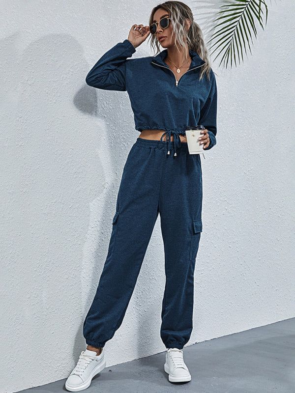Bohemian Two-Piece Solid Color Crop Half Zip Top and Jogger Leisure Set