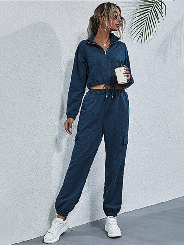 Bohemian Two-Piece Solid Color Crop Half Zip Top and Jogger Leisure Set