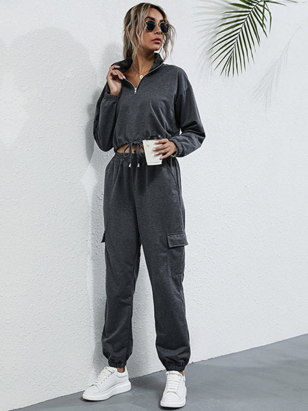 Bohemian Two-Piece Solid Color Crop Half Zip Top and Jogger Leisure Set