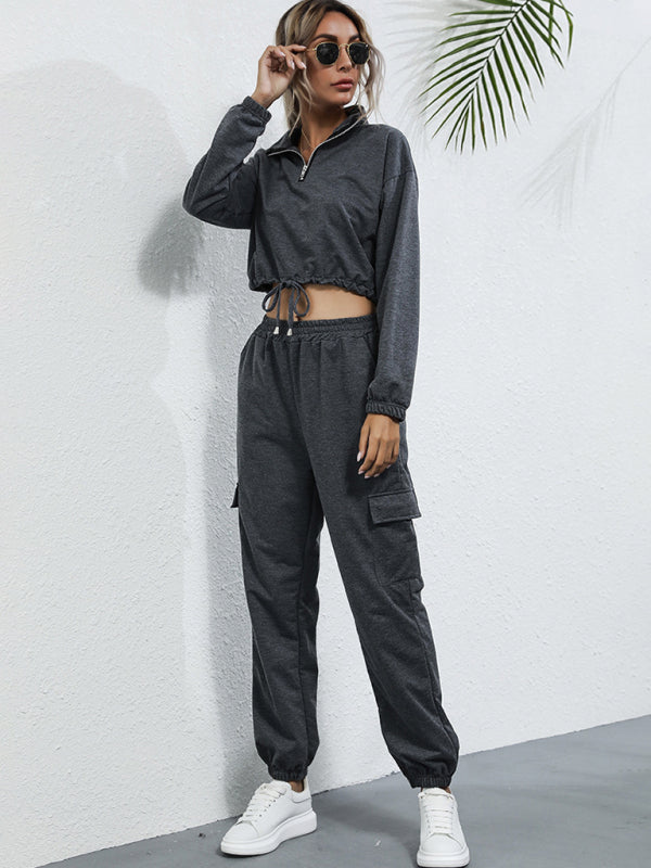 Bohemian Two-Piece Solid Color Crop Half Zip Top and Jogger Leisure Set