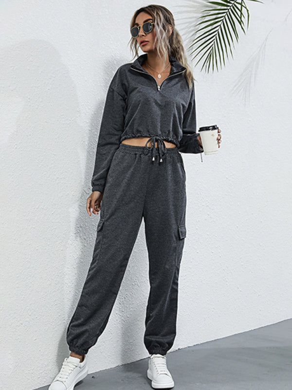 Bohemian Two-Piece Solid Color Crop Half Zip Top and Jogger Leisure Set