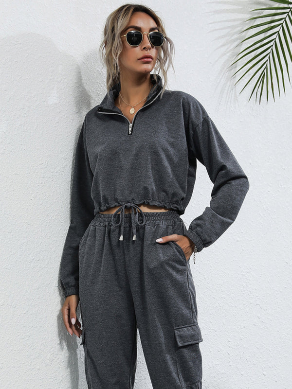 Bohemian Two-Piece Solid Color Crop Half Zip Top and Jogger Leisure Set