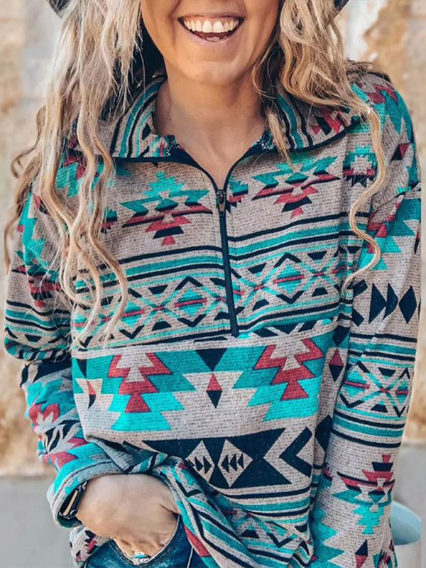 Bohemian Aztec Half Zip Pullover Top