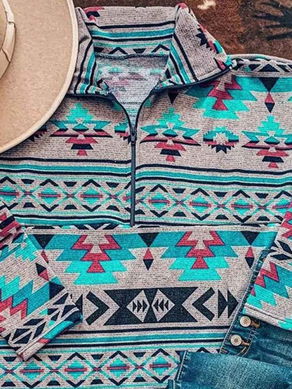 Bohemian Aztec Half Zip Pullover Top OliverandJade